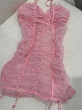 Dreamgirl Pink Sheer Ruffled Slip with Garter Straps